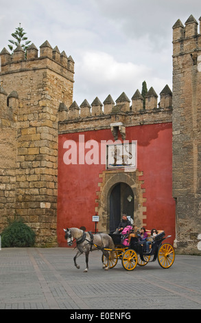 Pferdekutsche und Puerta del Leon (Löwentor), Reales Alcazares, Sevilla, Spanien Stockfoto