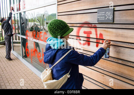 Regierungsbüros Wales, Aberystwyth UK, Montag, 12. Mai 2014 drei Mitglieder des Arbeitskreises Kampagne "Cymdeithas Jahr Iaith Gymraeg" (The Welsh Language Society), einschließlich seiner Vorsitzenden ROBIN FARRAR, verhaftet wurden durch die Polizei wegen Sachbeschädigung nach Spray Malerei Parolen auf der Außenseite der Regierung von Wales-Büros in Aberystwyth in den frühen Morgenstunden des Montag, 12. Mai 2014 die Parolen hatten das Recht, durch das Medium des walisischen zu leben , und für eine bessere Bestimmung für die Sprachausbildung der walisischen in Wales Bildnachweis: Keith Morris/Alamy Live-Nachrichten Stockfoto