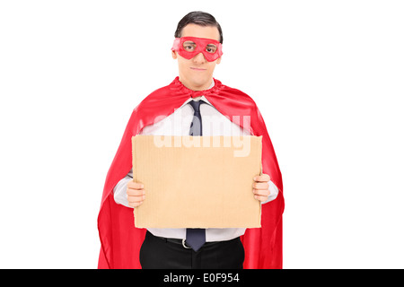 Männlichen Superhelden mit leeren Karton Schild Stockfoto