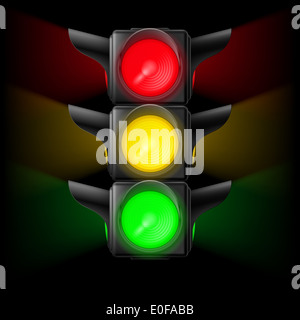 Realistische Ampeln mit allen drei Farben auf. Abbildung auf schwarz Stockfoto