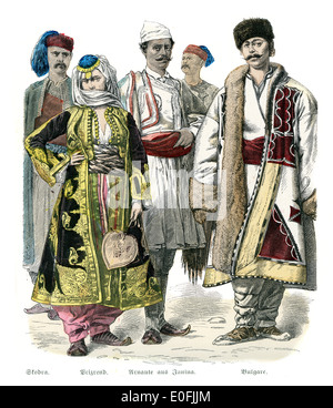 Trachten der Türkei, 19. Jahrhundert. Skodra, Prizrend, Arnaute von Janina, Bulgare Stockfoto