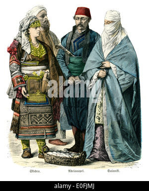 Trachten der Türkei, 19. Jahrhundert. Skodra, Adrianopel und Saloniki. Stockfoto