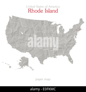 Vereinigte Staaten von Amerika-Karte und Rhode Island Staatsgebiet auf strukturiertem Papier Stockfoto