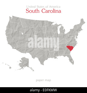 Vereinigte Staaten von Amerika-Karte und South Carolina Staatsgebiet auf schäbige Papierstruktur Stockfoto