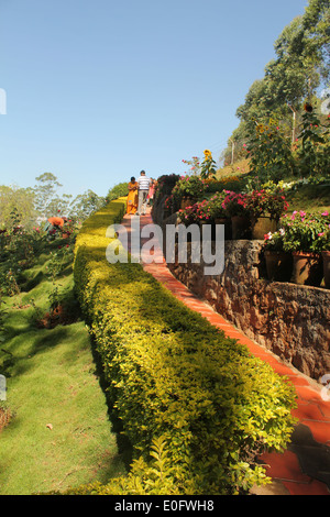 Malerischer Gartenweg umgeben von üppigem Grün, farbenfrohen Blumen und einer wunderschön gepflegten Landschaft unter einem hellblauen Himmel. Stockfoto