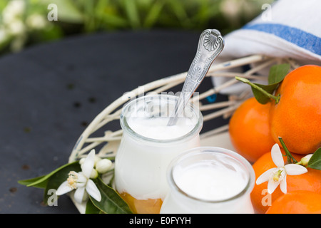 Obst Joghurt mit Löffel auf dunklen Metall Tisch im Garten, mit Mandarinen und rustikalen Serviertablett Stockfoto