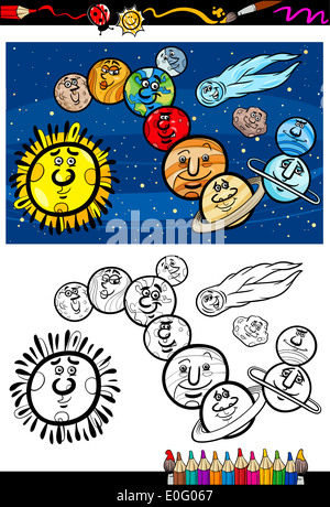 Coloring Book oder Seite Cartoon Illustration von Farbe und schwarz / weiß Sonnensystem Planeten Zeichen für Kinder Stockfoto