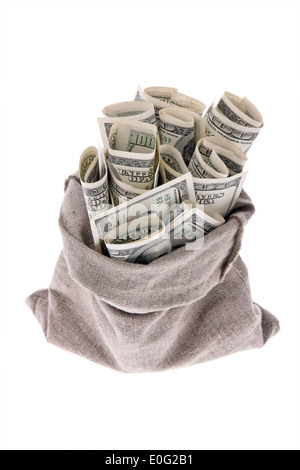 Eine Menge von Dollar von Banknoten in einer Tasche, Viele Dollar Geldscheine in Einem Sack Stockfoto