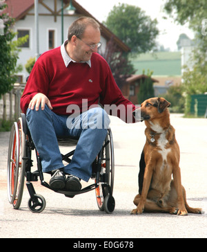 Mann im Rollstuhl mit Hund - eine in einem Rollstuhl mit Hund [], Schranke, Schranken, behindern, geeignet für Behinderte, s Stockfoto