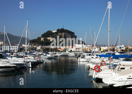 Marina, Burg im Hintergrund, Denia, Provinz Alicante, Spanien Stockfoto