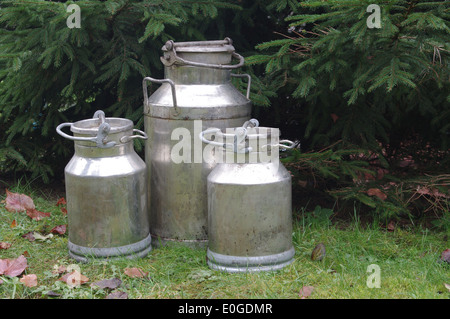 Sie drei Metall-Dosen auf Milch auf Grund overgrew. Stockfoto