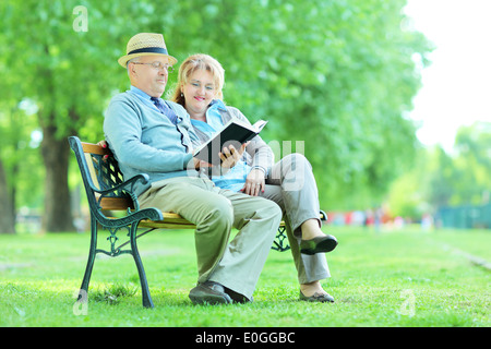 Ältere Menschen, die einem Buch sitzend auf Bank im park Stockfoto