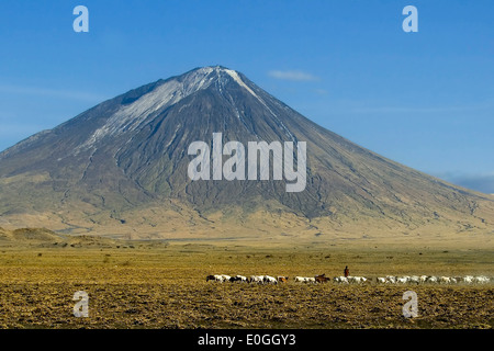 "Der Heilige Berg - '' Berg Gottes '' - Ol Doinyo Lengai am Lake Natron, Norden von Tansania. Im Vordergrund steht eine Maasai-Sie Stockfoto