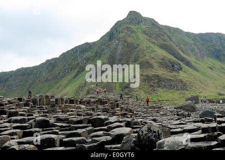 Touristen erkunden den Giant's Causeway, County Antrim, Nordirland, Vereinigtes Königreich, einem berühmten UNESCO-Weltkulturerbe. Stockfoto
