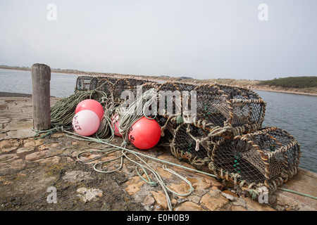 Hummer-Töpfe und Bojen am Kai bei Beadnell Hafen Northumberland UK Stockfoto