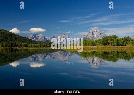 Der Grand Teton und Mount Moran angesehen von Oxbow Bend Turnout Snake River mit Wasser Spiegelreflexionen zu schaffen Stockfoto