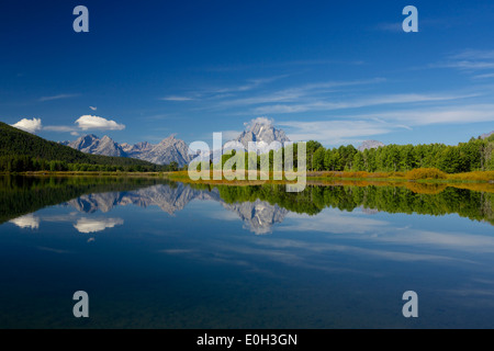 Der Grand Teton und Mount Moran angesehen von Oxbow Bend Turnout Snake River mit Wasser Spiegelreflexionen zu schaffen Stockfoto
