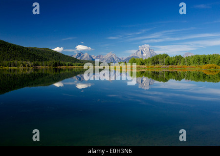 Der Grand Teton und Mount Moran angesehen von Oxbow Bend Turnout Snake River mit Wasser Spiegelreflexionen zu schaffen Stockfoto