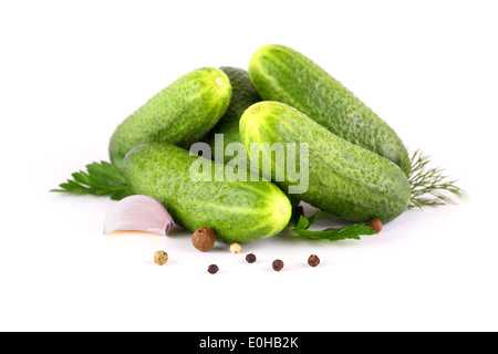 Beizen Gurken mit Dill, Petersilie, Pfeffer, Knoblauch, isoliert Stockfoto