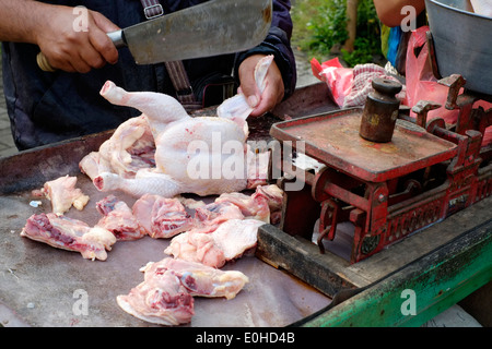 Straßenhändler Wagen mit frischen Hähnchen für den Verkauf an Dorfbewohner in Ost-Java-Indonesien Stockfoto