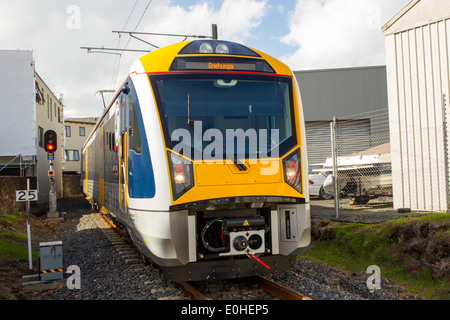 Der neue Auckland Transport elektrischer Zug am ersten Tag der Operation, Onehunga, Auckland, Neuseeland Stockfoto