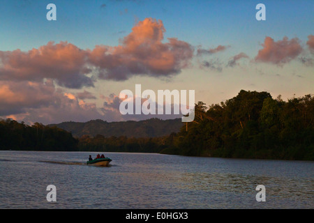 Touristen genießen Sie Safari mit dem Boot in der KINABATANGAN RIVER WILDLIFE SANCTUARY ist Heimat für viele Tierarten - BORNEO Stockfoto