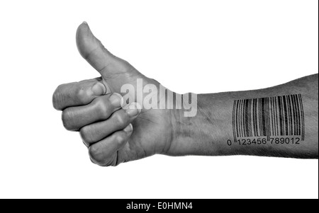 Alte Frau mit Arthritis geben den Daumen nach oben Zeichen, isoliert auf weiss, barcode Stockfoto