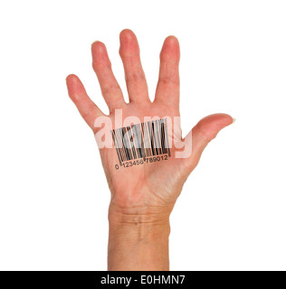 Offene Hand mit Barcode, isoliert auf weiss Stockfoto