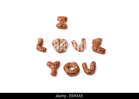 Schoko Cornflakes, die ich dich Wort isoliert Liebe Stockfoto