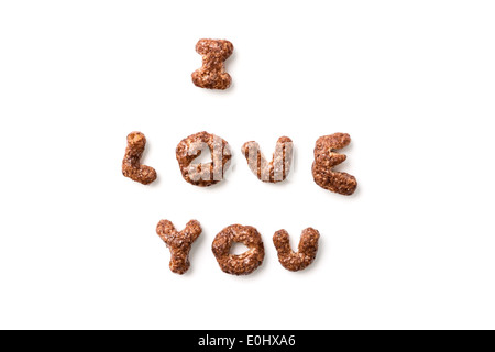 Schoko Cornflakes, die ich dich Wort isoliert Liebe Stockfoto