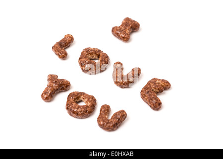 Schoko Cornflakes, die ich dich Wort isoliert Liebe Stockfoto