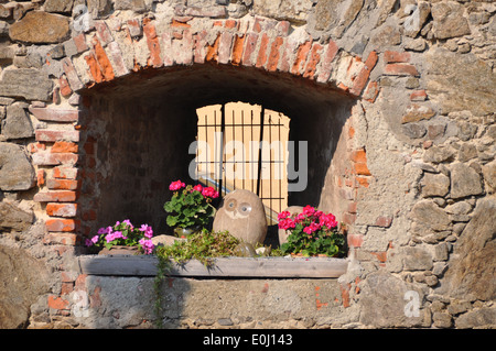 Blumen und einen steinernen Eule auf einer Fensterbank einer Mühle in Passau, Deutschland. Stockfoto