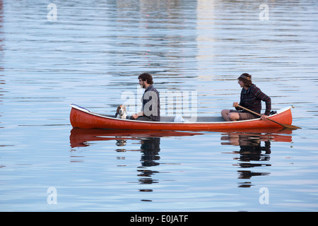 Zwei junge Männer und Hund im Kanu auf Juan de Fuca Strait bei Dämmerung-Victoria, British Columbia, Canada. Stockfoto