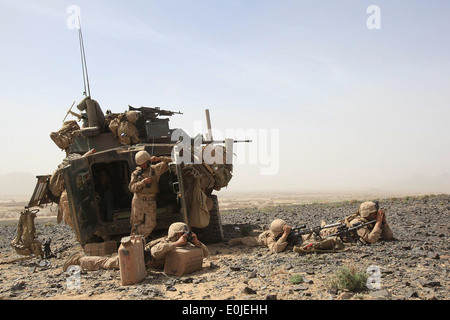 Marines mit C Company, 3. Light Armored Reconnaissance Battalion, scannen die Hügel des Tals Bahram Chah für einen Aufständischen m Stockfoto