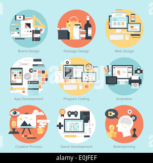 Abstrakte flache Vektor-Illustration von Design und Entwicklung begriffen. Elemente für Mobile und Web-Anwendungen. Stockfoto