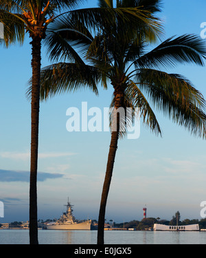 Palmen Sie und USS Arizona Memorial und USS Missouri Schlachtschiff 63 in Pearl Harbor, Oahu, Hawaii Stockfoto