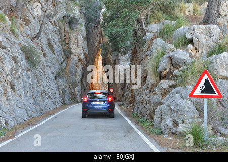 Schmalen Durchgang zwischen den Felsen auf dem Weg nach Sa Calobra, Serra de Tramuntana-Gebirge, Mallorca, Spanien Stockfoto