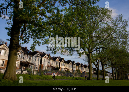 Nachschlagen in Richtung Majestätisch hohen Eschen und blauem Himmel in einem edwardianischen Zeitalter Doppelhaushälfte am Ruskin Park, Denmark Hill, SE24 (ihre PLZ) South London England. Es ist einen schönen Frühlingsabend in diesem innerstädtischen Vorort Bezirk von Großbritanniens Hauptstadt, etwa 5 Meilen südlich der Themse. Die elegante Linie der antiken Häuser wurden 1908, innovative Gebäude im 20. Jahrhundert neue Lebensjahr abgeschlossen... (Fortsetzung in Beschreibung). Stockfoto