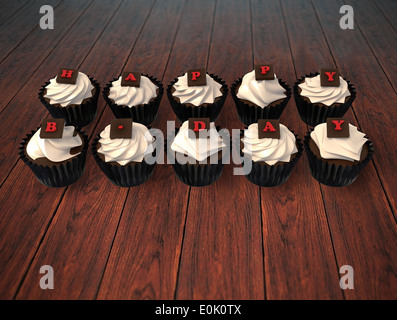 Glücklich Geburtstag Cupcakes - Illustration des Muffins Hexe Beige Creme und Schokolade rote Buchstaben auf dunklen braunen Holz Boden Stockfoto