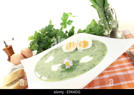 frische Kräuter-Suppe mit Eiern, einem Klecks Sahne und daisy Stockfoto