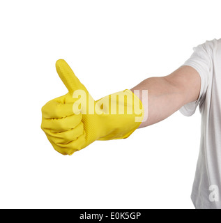 Hand mit gelb Reinigung Produkt Handschuh Daumen auftauchen. Reinigung ist fertig Stockfoto