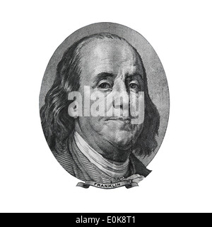 Benjamin Franklin aus USA hundert Dollar Bill ausgeschnitten. Porträt von amerikanischer Staatsmann, Erfinder und Diplomat. Stockfoto