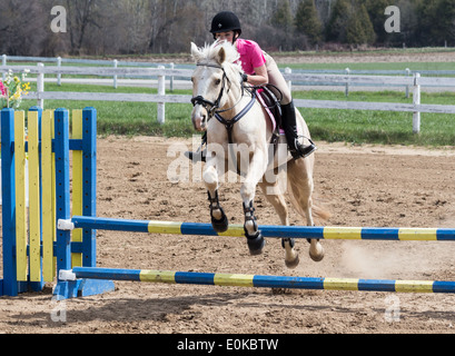 Teenager-Mädchen-Fahrer auf einem Palomino Pferd Pony clearing-Sprung an einer lokalen Schule Pferdeshow. Stockfoto