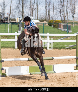 Bucht Pferd Pony mit Teenager bei lokalen Jumper Show über Show Zaun springen. Stockfoto