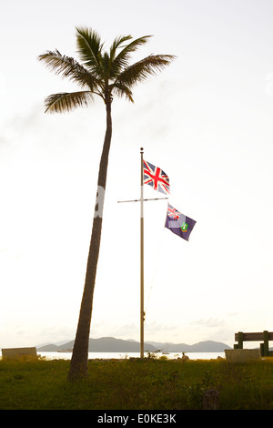 Eine britische Flagge fliegt neben einer Palme Silhouette gegen den Sonnenuntergang in den British Virgin Islands. Stockfoto