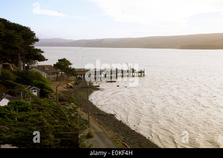 Ein Haus auf Stelzen über dem Wasser der Tomales Bay in Marshall, Kalifornien gebaut. Stockfoto