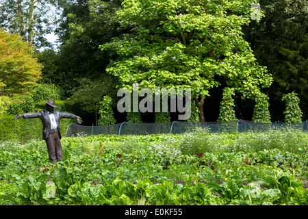 Bronzeskulptur der Vogelscheuche in Anlehnung an Raymond Blanc im Gemüsegarten bei Le Manor Aux Quat' Saisons in Oxfordshire, Vereinigtes Königreich Stockfoto