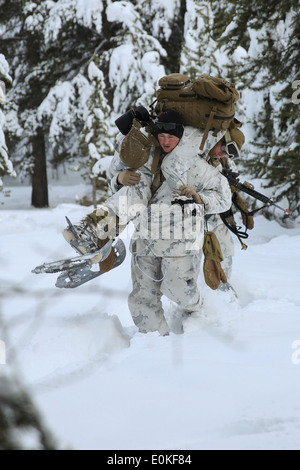 Lance Cpl. Jordan Gruskin trägt Pfc. Michael Humer als einem simulierten Unfall bei einem Angriff auf eine feindliche Position während der Stockfoto