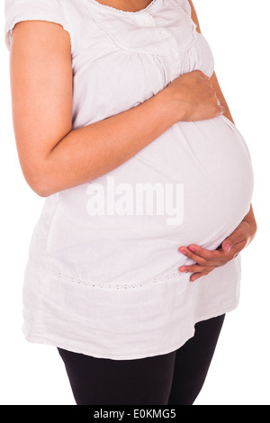 Junge schwarze schwangeren Bauch zu berühren. Nahaufnahme Stockfoto