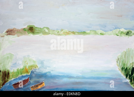 Kalten, nebligen Herbstmorgen auf die Seenlandschaft. Naive Kind Aquarell handgemachte Kunst Malerei Stockfoto